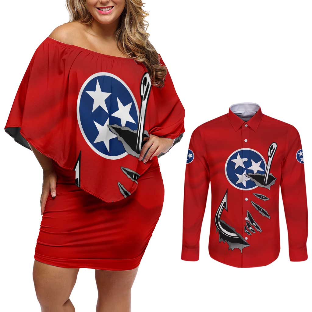 Tennessee Flag Fishing Couples Matching Off Shoulder Short Dress and Long Sleeve Button Shirt with Ripped Hook Graphic and Triple Star Symbol in Red and Blue - Wonder Print Shop