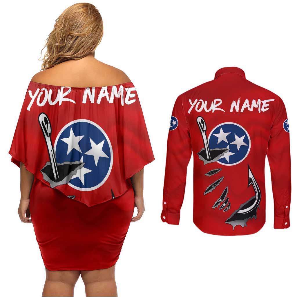 Tennessee Flag Fishing Couples Matching Off Shoulder Short Dress and Long Sleeve Button Shirt with Ripped Hook Graphic and Triple Star Symbol in Red and Blue - Wonder Print Shop