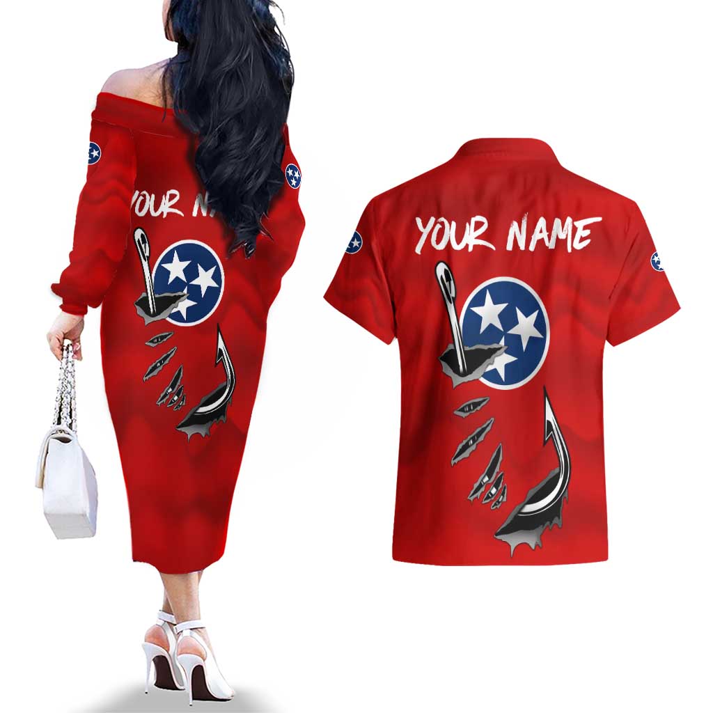 Tennessee Flag Fishing Couples Matching Off The Shoulder Long Sleeve Dress and Hawaiian Shirt with Ripped Hook Graphic and Triple Star Symbol in Red and Blue - Wonder Print Shop