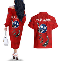Tennessee Flag Fishing Couples Matching Off The Shoulder Long Sleeve Dress and Hawaiian Shirt with Ripped Hook Graphic and Triple Star Symbol in Red and Blue - Wonder Print Shop