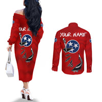 Tennessee Flag Fishing Couples Matching Off The Shoulder Long Sleeve Dress and Long Sleeve Button Shirt with Ripped Hook Graphic and Triple Star Symbol in Red and Blue - Wonder Print Shop