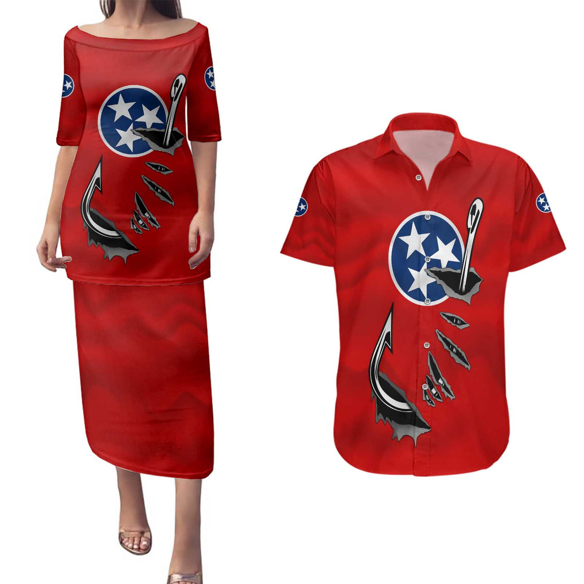 Tennessee Flag Fishing Couples Matching Puletasi and Hawaiian Shirt with Ripped Hook Graphic and Triple Star Symbol in Red and Blue - Wonder Print Shop