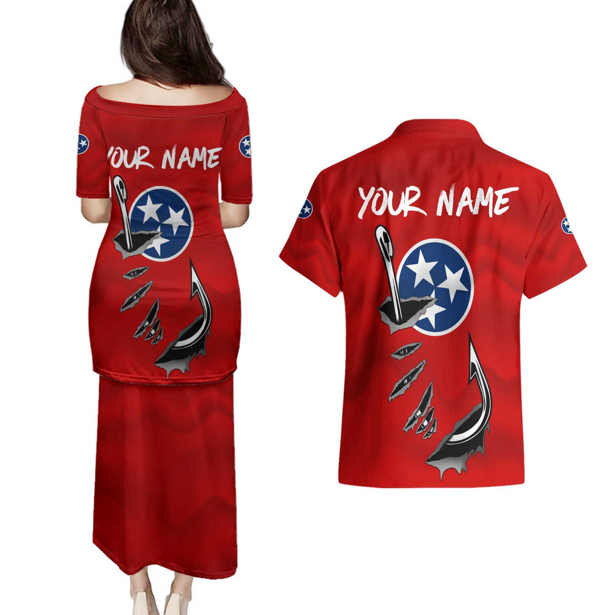 Tennessee Flag Fishing Couples Matching Puletasi and Hawaiian Shirt with Ripped Hook Graphic and Triple Star Symbol in Red and Blue - Wonder Print Shop