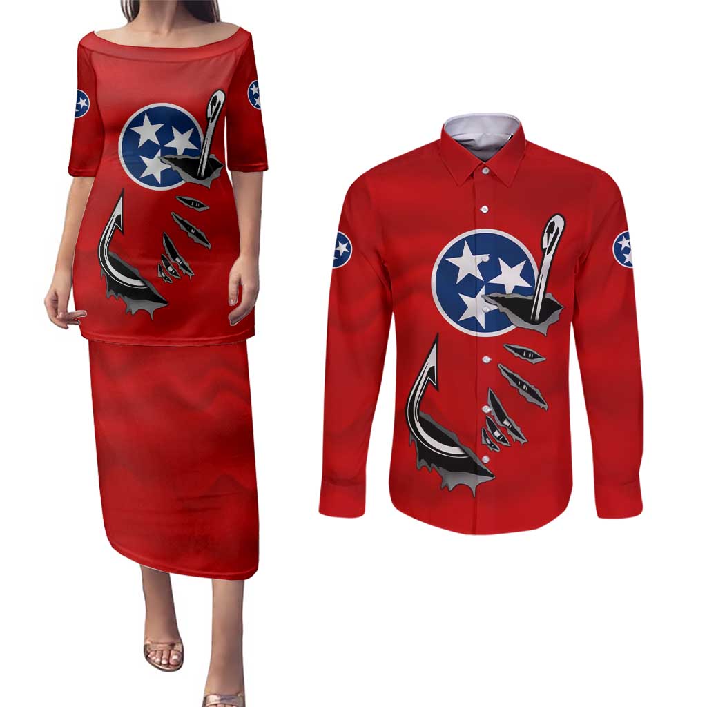 Tennessee Flag Fishing Couples Matching Puletasi and Long Sleeve Button Shirt with Ripped Hook Graphic and Triple Star Symbol in Red and Blue - Wonder Print Shop
