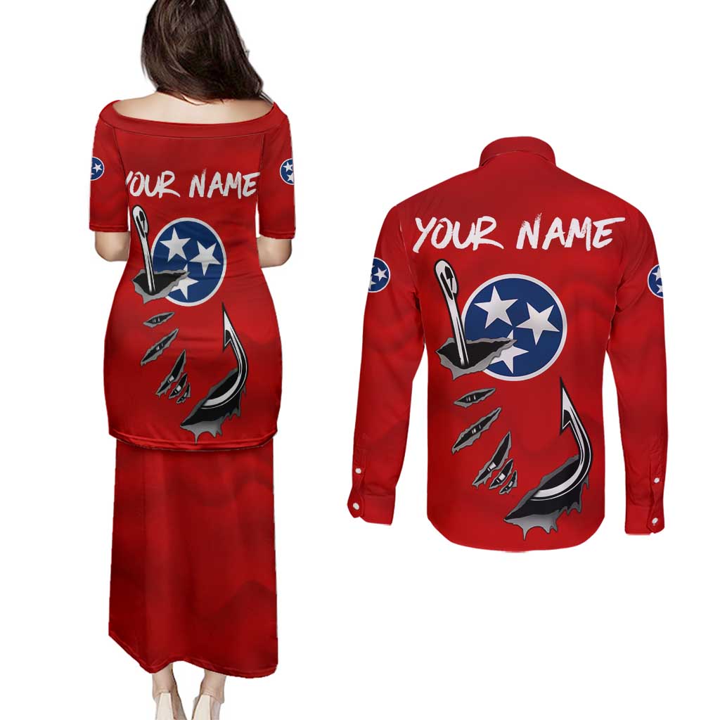Tennessee Flag Fishing Couples Matching Puletasi and Long Sleeve Button Shirt with Ripped Hook Graphic and Triple Star Symbol in Red and Blue - Wonder Print Shop