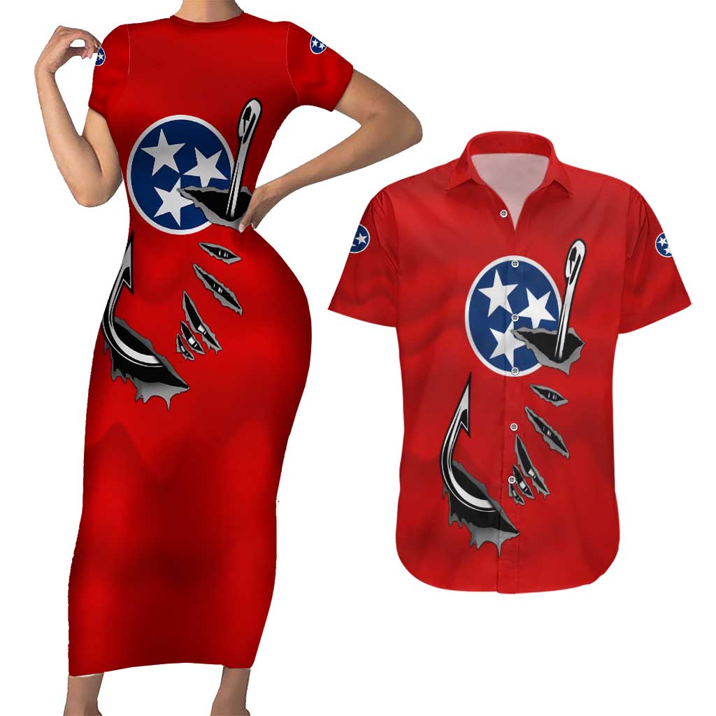 Tennessee Flag Fishing Couples Matching Short Sleeve Bodycon Dress and Hawaiian Shirt with Ripped Hook Graphic and Triple Star Symbol in Red and Blue - Wonder Print Shop