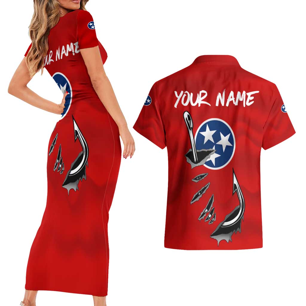 Tennessee Flag Fishing Couples Matching Short Sleeve Bodycon Dress and Hawaiian Shirt with Ripped Hook Graphic and Triple Star Symbol in Red and Blue - Wonder Print Shop