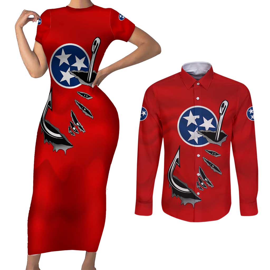 Tennessee Flag Fishing Couples Matching Short Sleeve Bodycon Dress and Long Sleeve Button Shirt with Ripped Hook Graphic and Triple Star Symbol in Red and Blue - Wonder Print Shop
