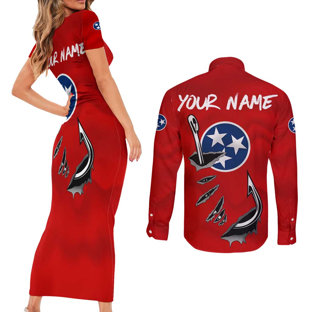 Tennessee Flag Fishing Couples Matching Short Sleeve Bodycon Dress and Long Sleeve Button Shirt with Ripped Hook Graphic and Triple Star Symbol in Red and Blue - Wonder Print Shop