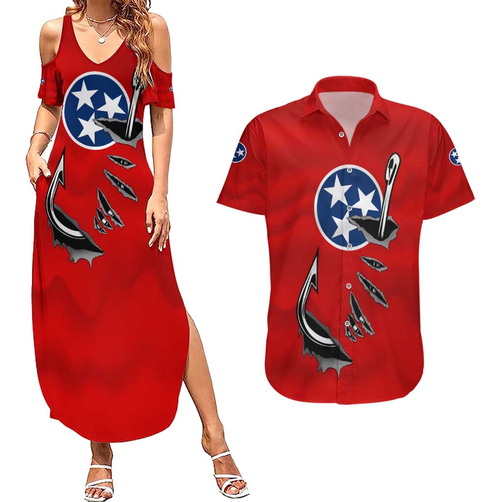 Tennessee Flag Fishing Couples Matching Summer Maxi Dress and Hawaiian Shirt with Ripped Hook Graphic and Triple Star Symbol in Red and Blue - Wonder Print Shop