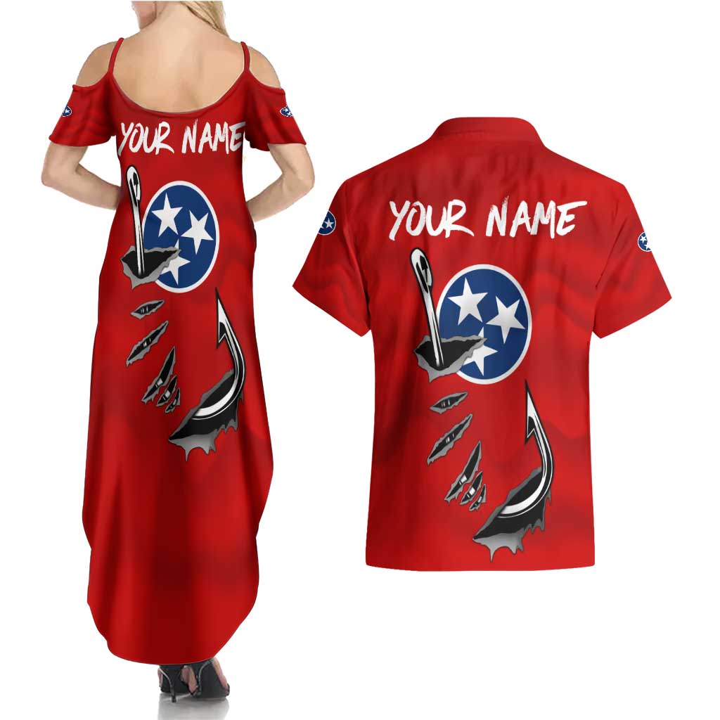 Tennessee Flag Fishing Couples Matching Summer Maxi Dress and Hawaiian Shirt with Ripped Hook Graphic and Triple Star Symbol in Red and Blue - Wonder Print Shop