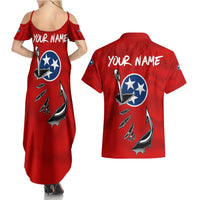 Tennessee Flag Fishing Couples Matching Summer Maxi Dress and Hawaiian Shirt with Ripped Hook Graphic and Triple Star Symbol in Red and Blue - Wonder Print Shop