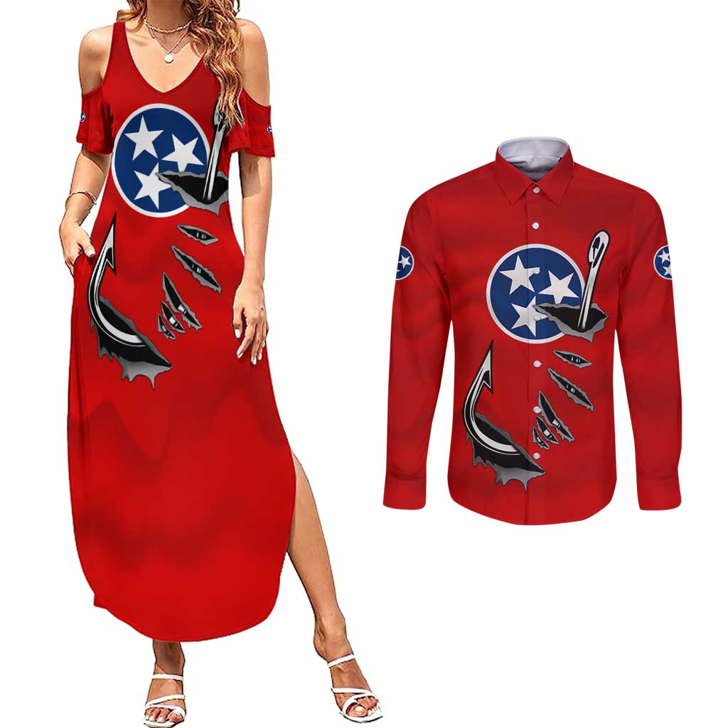 Tennessee Flag Fishing Couples Matching Summer Maxi Dress and Long Sleeve Button Shirt with Ripped Hook Graphic and Triple Star Symbol in Red and Blue - Wonder Print Shop