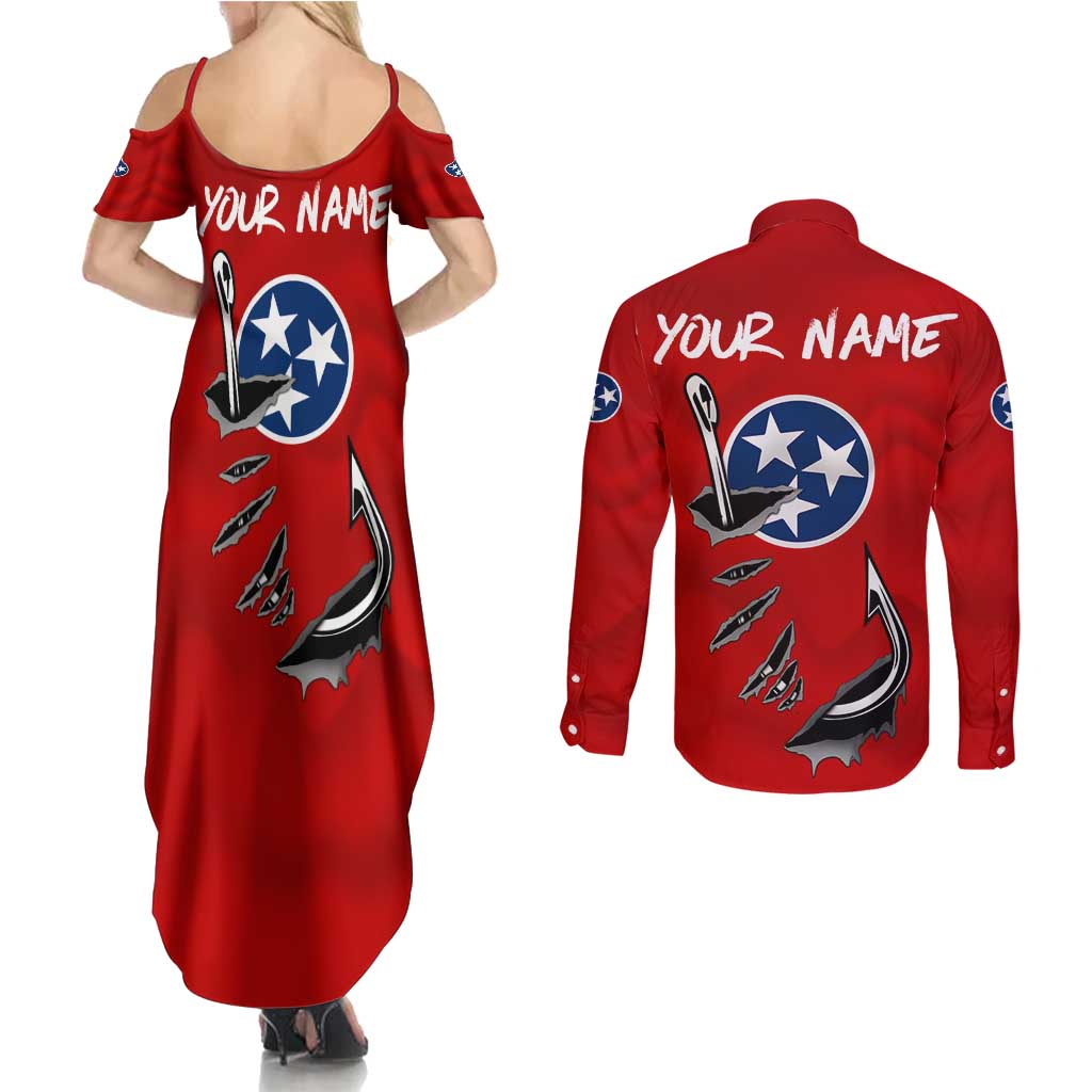 Tennessee Flag Fishing Couples Matching Summer Maxi Dress and Long Sleeve Button Shirt with Ripped Hook Graphic and Triple Star Symbol in Red and Blue - Wonder Print Shop