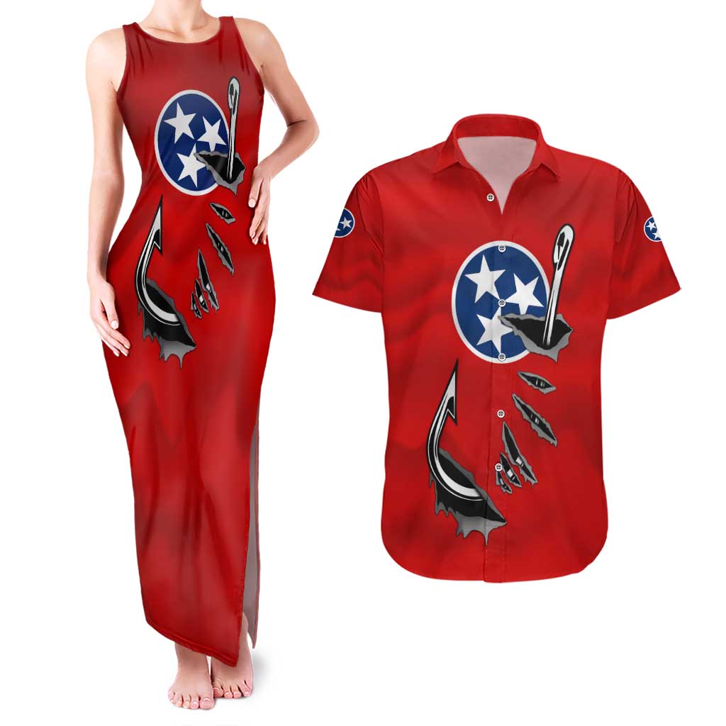 Tennessee Flag Fishing Couples Matching Tank Maxi Dress and Hawaiian Shirt with Ripped Hook Graphic and Triple Star Symbol in Red and Blue - Wonder Print Shop