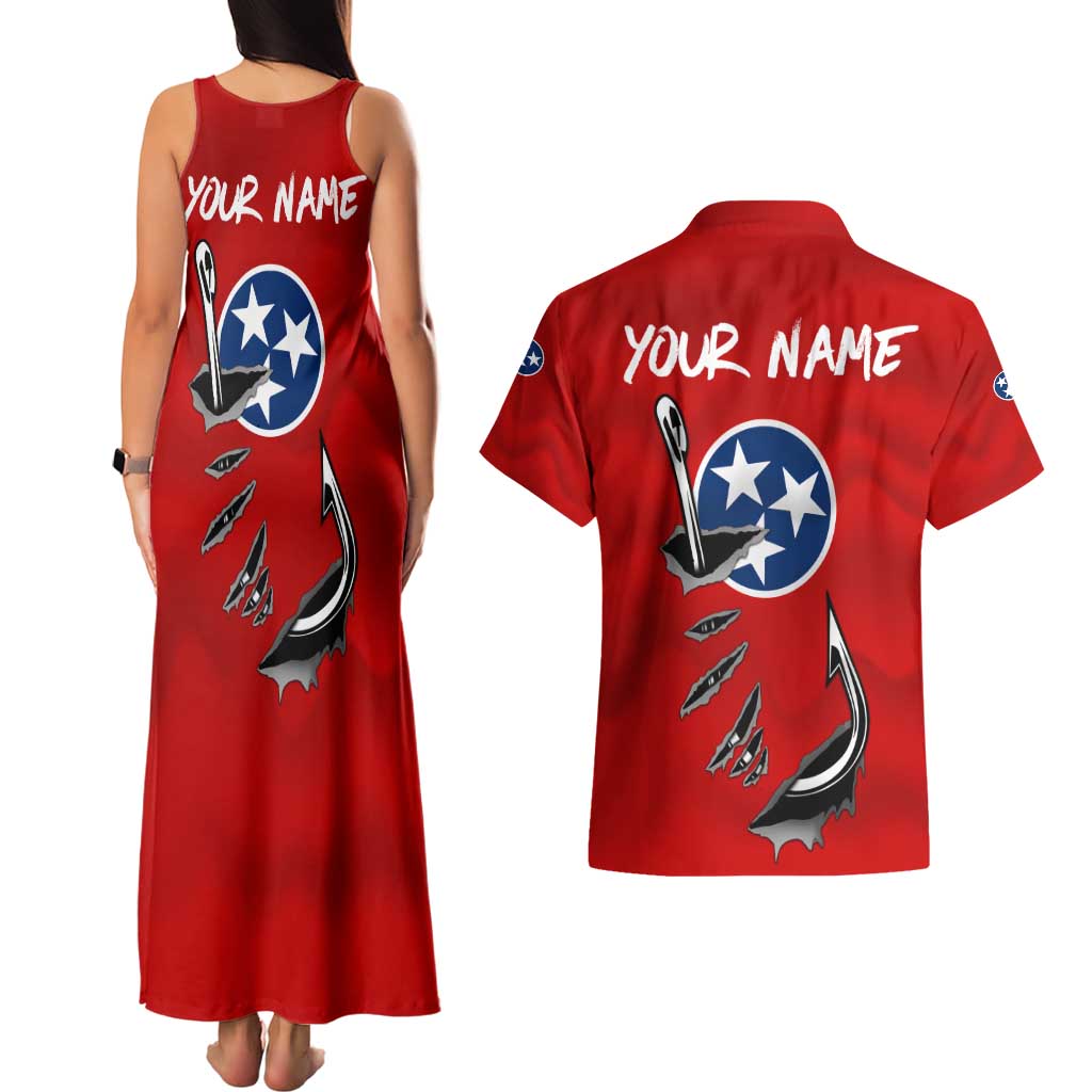 Tennessee Flag Fishing Couples Matching Tank Maxi Dress and Hawaiian Shirt with Ripped Hook Graphic and Triple Star Symbol in Red and Blue - Wonder Print Shop