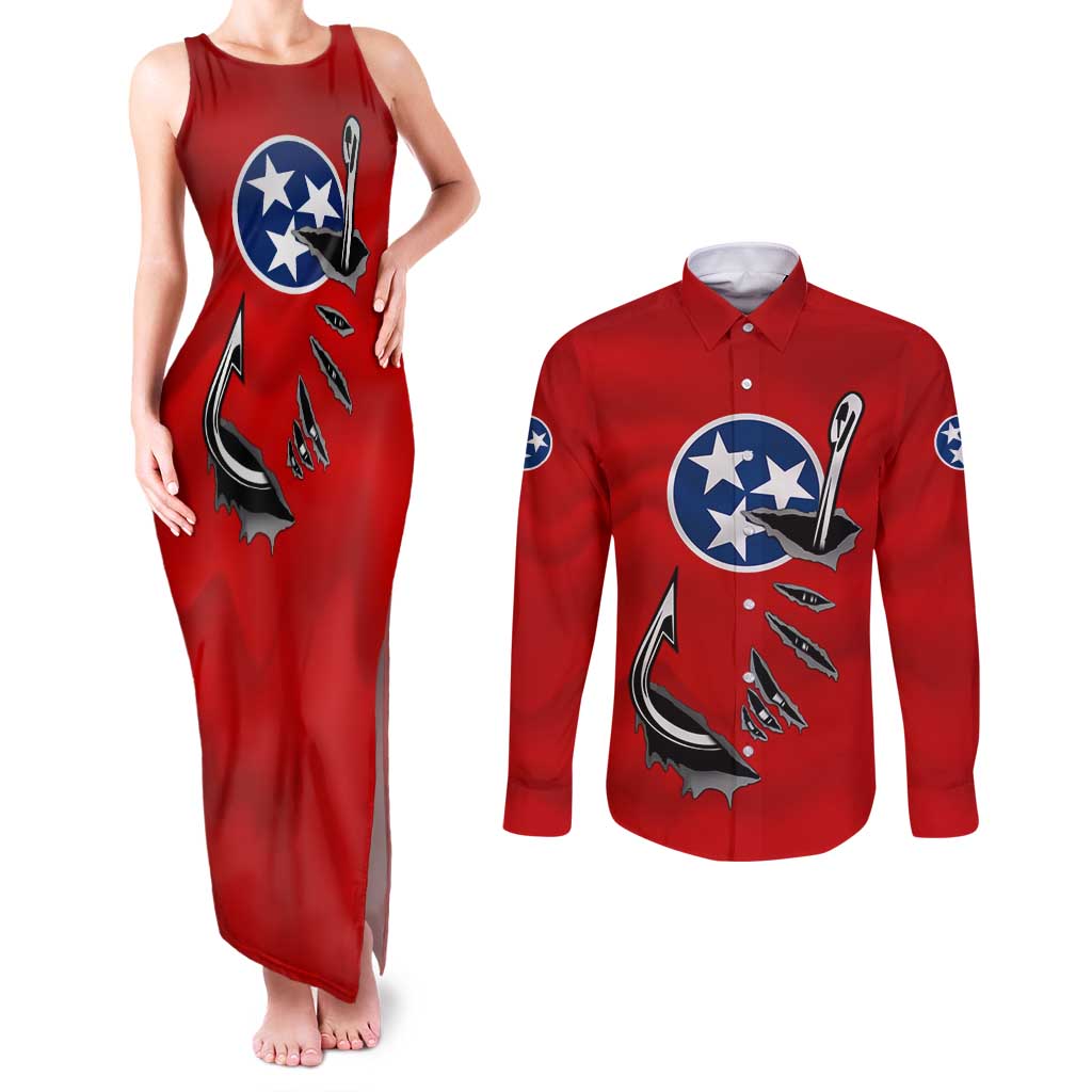 Tennessee Flag Fishing Couples Matching Tank Maxi Dress and Long Sleeve Button Shirt with Ripped Hook Graphic and Triple Star Symbol in Red and Blue - Wonder Print Shop