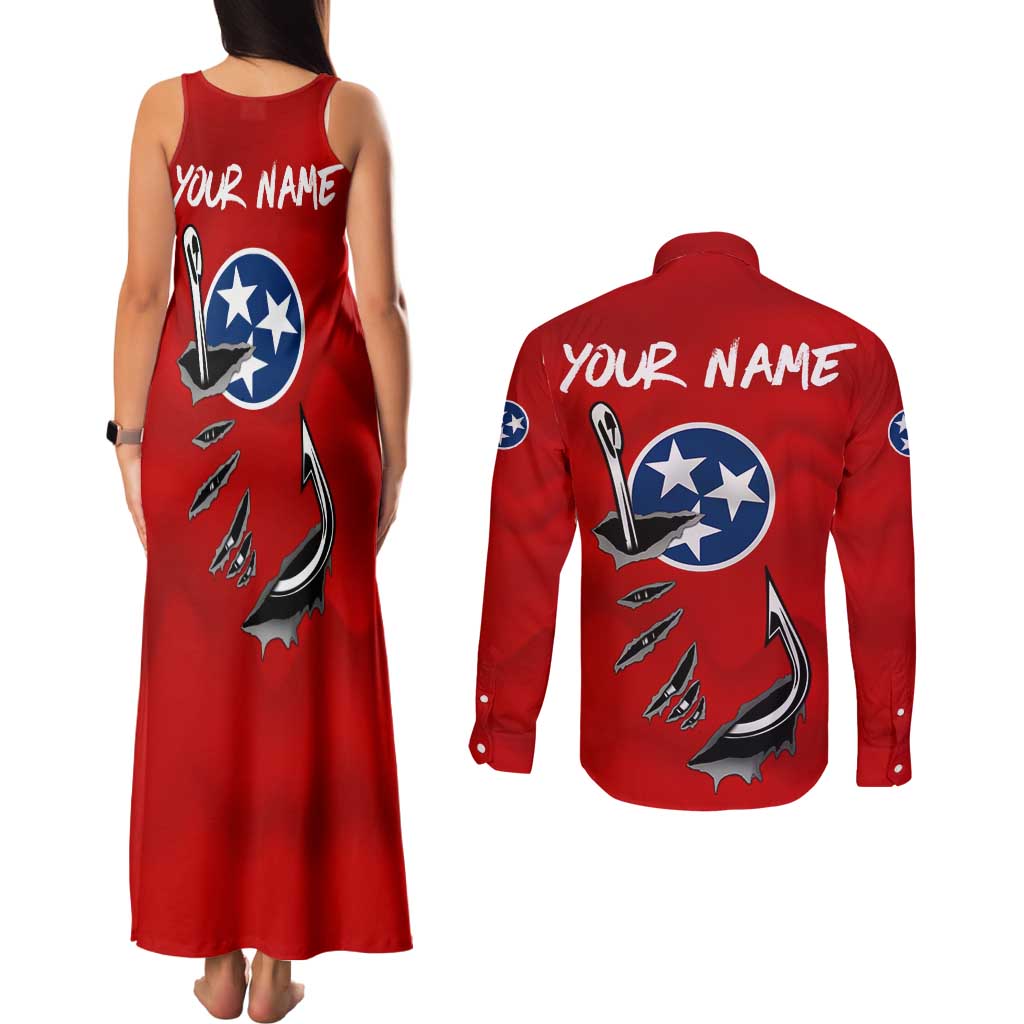Tennessee Flag Fishing Couples Matching Tank Maxi Dress and Long Sleeve Button Shirt with Ripped Hook Graphic and Triple Star Symbol in Red and Blue - Wonder Print Shop