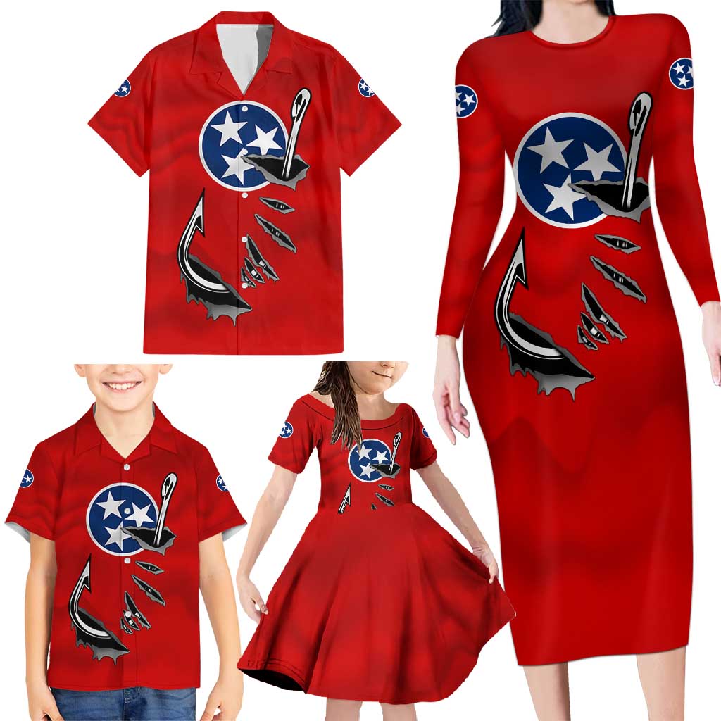 Tennessee Flag Fishing Family Matching Long Sleeve Bodycon Dress and Hawaiian Shirt with Ripped Hook Graphic and Triple Star Symbol in Red and Blue - Wonder Print Shop