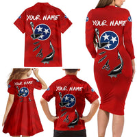 Tennessee Flag Fishing Family Matching Long Sleeve Bodycon Dress and Hawaiian Shirt with Ripped Hook Graphic and Triple Star Symbol in Red and Blue - Wonder Print Shop