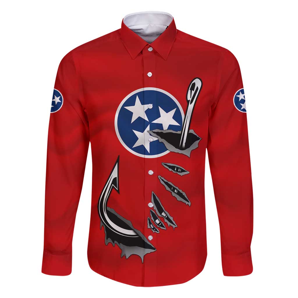 Tennessee Flag Fishing Family Matching Long Sleeve Bodycon Dress and Hawaiian Shirt with Ripped Hook Graphic and Triple Star Symbol in Red and Blue - Wonder Print Shop