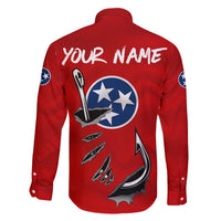 Tennessee Flag Fishing Family Matching Long Sleeve Bodycon Dress and Hawaiian Shirt with Ripped Hook Graphic and Triple Star Symbol in Red and Blue - Wonder Print Shop