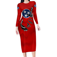 Tennessee Flag Fishing Family Matching Long Sleeve Bodycon Dress and Hawaiian Shirt with Ripped Hook Graphic and Triple Star Symbol in Red and Blue - Wonder Print Shop