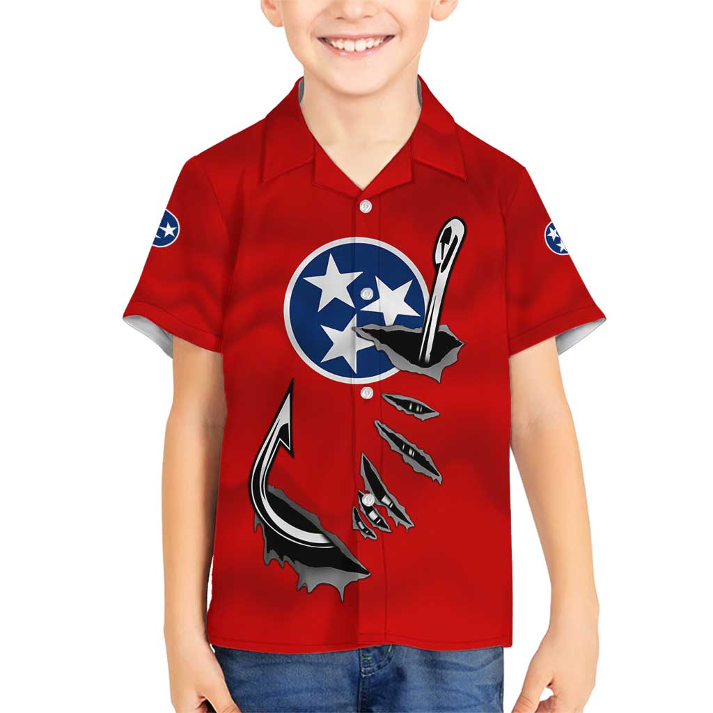 Tennessee Flag Fishing Family Matching Long Sleeve Bodycon Dress and Hawaiian Shirt with Ripped Hook Graphic and Triple Star Symbol in Red and Blue - Wonder Print Shop