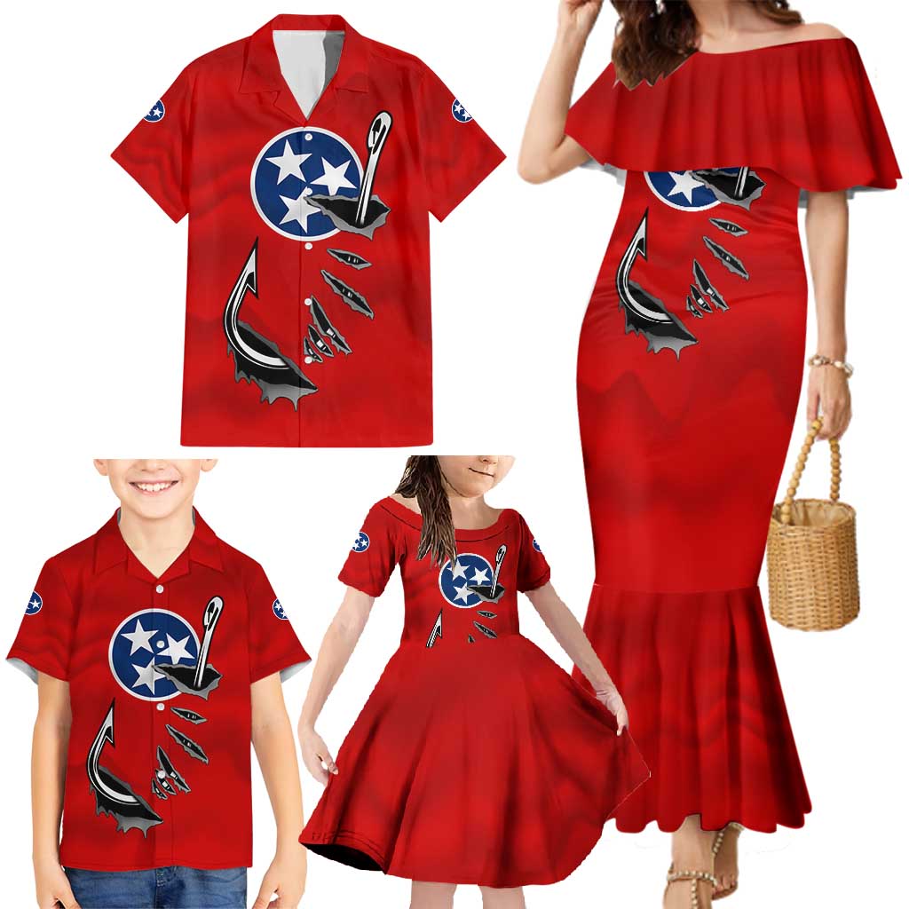 Tennessee Flag Fishing Family Matching Mermaid Dress and Hawaiian Shirt with Ripped Hook Graphic and Triple Star Symbol in Red and Blue - Wonder Print Shop