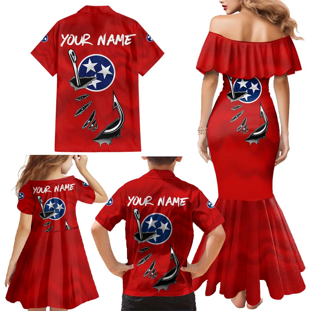 Tennessee Flag Fishing Family Matching Mermaid Dress and Hawaiian Shirt with Ripped Hook Graphic and Triple Star Symbol in Red and Blue - Wonder Print Shop