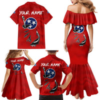 Tennessee Flag Fishing Family Matching Mermaid Dress and Hawaiian Shirt with Ripped Hook Graphic and Triple Star Symbol in Red and Blue - Wonder Print Shop