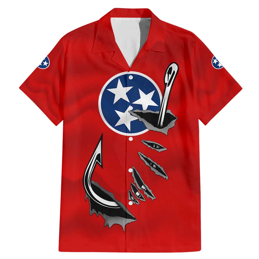 Tennessee Flag Fishing Family Matching Mermaid Dress and Hawaiian Shirt with Ripped Hook Graphic and Triple Star Symbol in Red and Blue - Wonder Print Shop