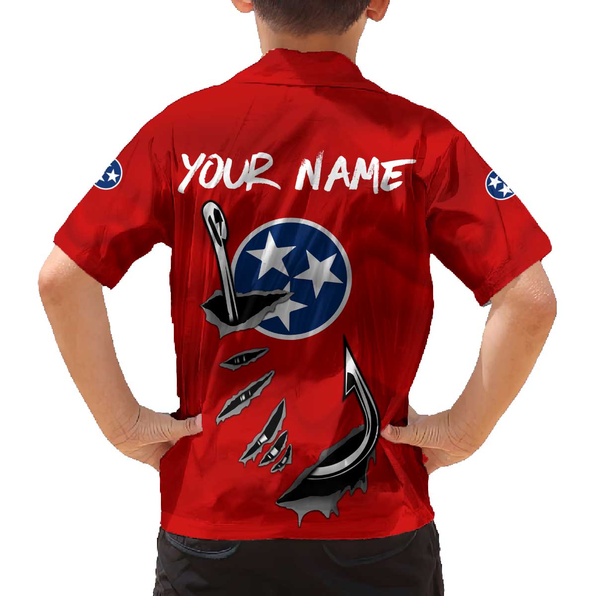 Tennessee Flag Fishing Family Matching Off The Shoulder Long Sleeve Dress and Hawaiian Shirt with Ripped Hook Graphic and Triple Star Symbol in Red and Blue - Wonder Print Shop