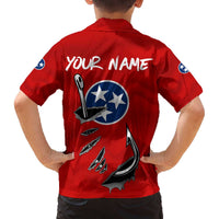 Tennessee Flag Fishing Family Matching Off The Shoulder Long Sleeve Dress and Hawaiian Shirt with Ripped Hook Graphic and Triple Star Symbol in Red and Blue - Wonder Print Shop