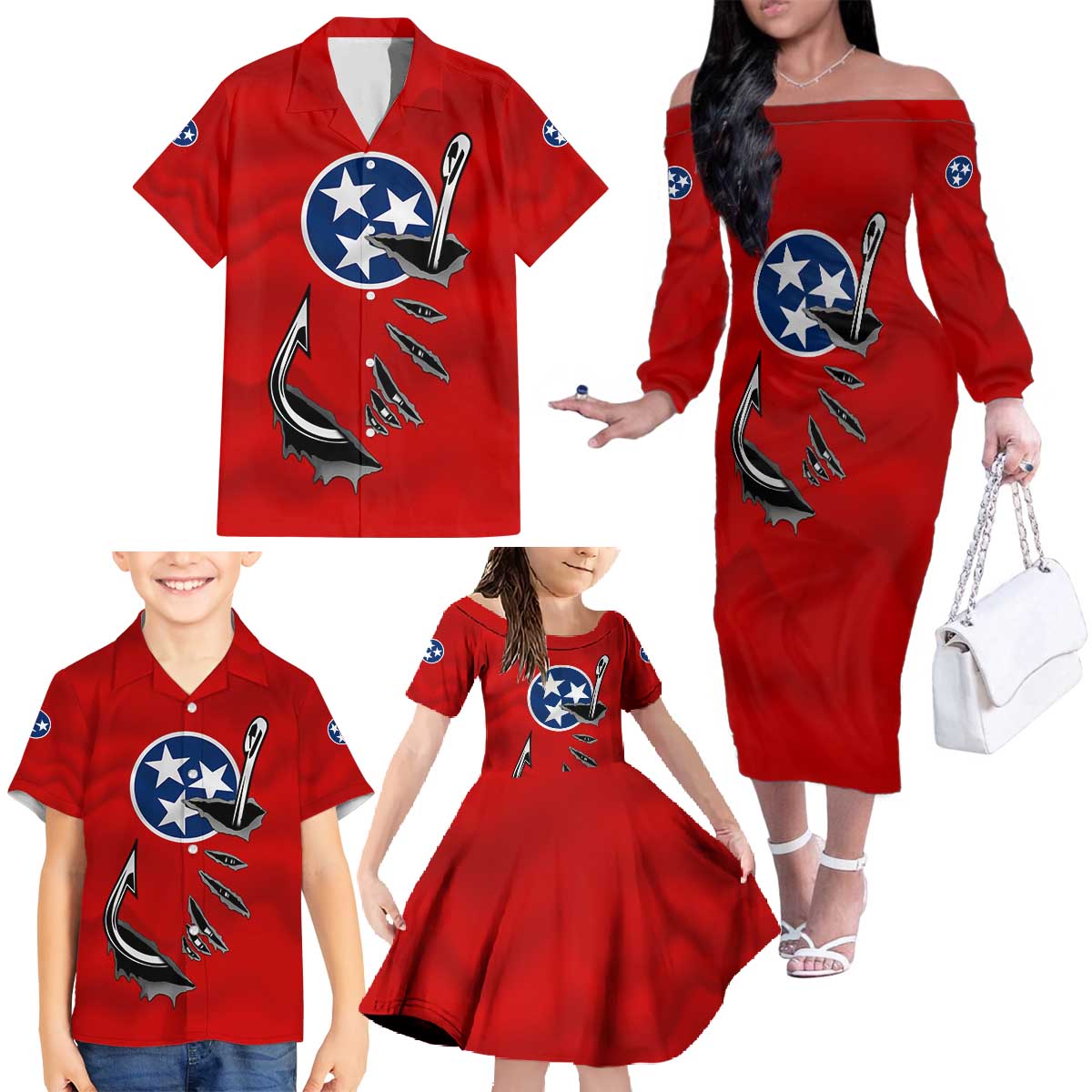 Tennessee Flag Fishing Family Matching Off The Shoulder Long Sleeve Dress and Hawaiian Shirt with Ripped Hook Graphic and Triple Star Symbol in Red and Blue - Wonder Print Shop