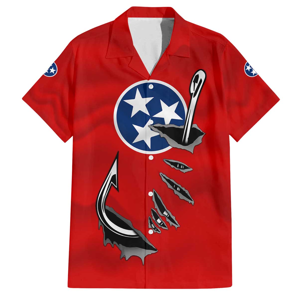 Tennessee Flag Fishing Family Matching Off The Shoulder Long Sleeve Dress and Hawaiian Shirt with Ripped Hook Graphic and Triple Star Symbol in Red and Blue - Wonder Print Shop
