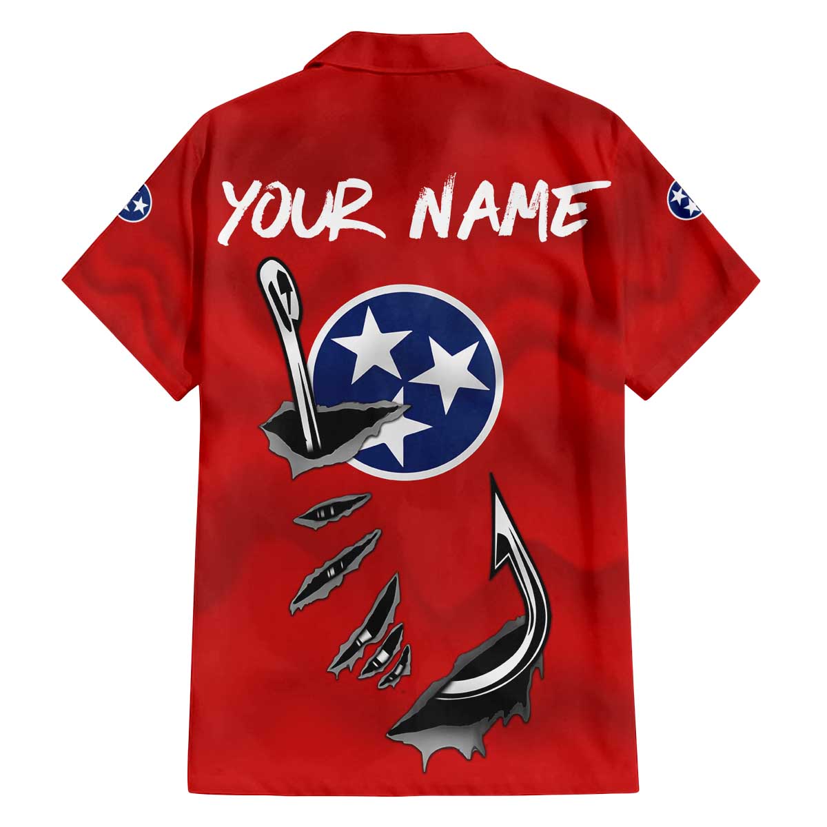 Tennessee Flag Fishing Family Matching Off The Shoulder Long Sleeve Dress and Hawaiian Shirt with Ripped Hook Graphic and Triple Star Symbol in Red and Blue - Wonder Print Shop