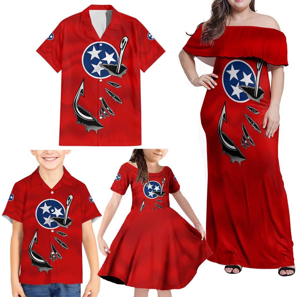 Tennessee Flag Fishing Family Matching Off Shoulder Maxi Dress and Hawaiian Shirt with Ripped Hook Graphic and Triple Star Symbol in Red and Blue - Wonder Print Shop