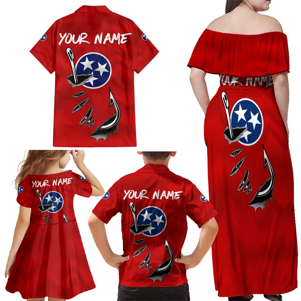 Tennessee Flag Fishing Family Matching Off Shoulder Maxi Dress and Hawaiian Shirt with Ripped Hook Graphic and Triple Star Symbol in Red and Blue - Wonder Print Shop