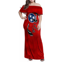 Tennessee Flag Fishing Family Matching Off Shoulder Maxi Dress and Hawaiian Shirt with Ripped Hook Graphic and Triple Star Symbol in Red and Blue - Wonder Print Shop