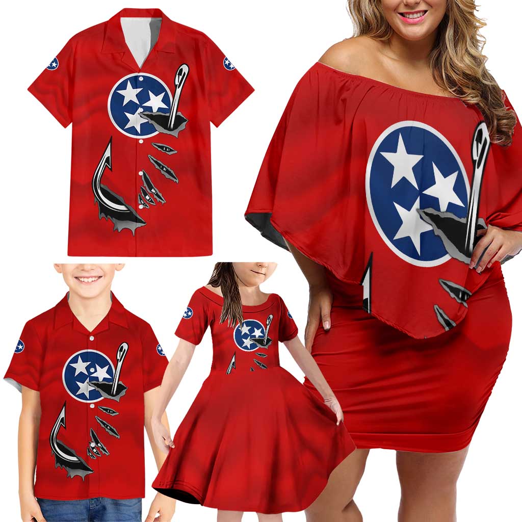 Tennessee Flag Fishing Family Matching Off Shoulder Short Dress and Hawaiian Shirt with Ripped Hook Graphic and Triple Star Symbol in Red and Blue - Wonder Print Shop