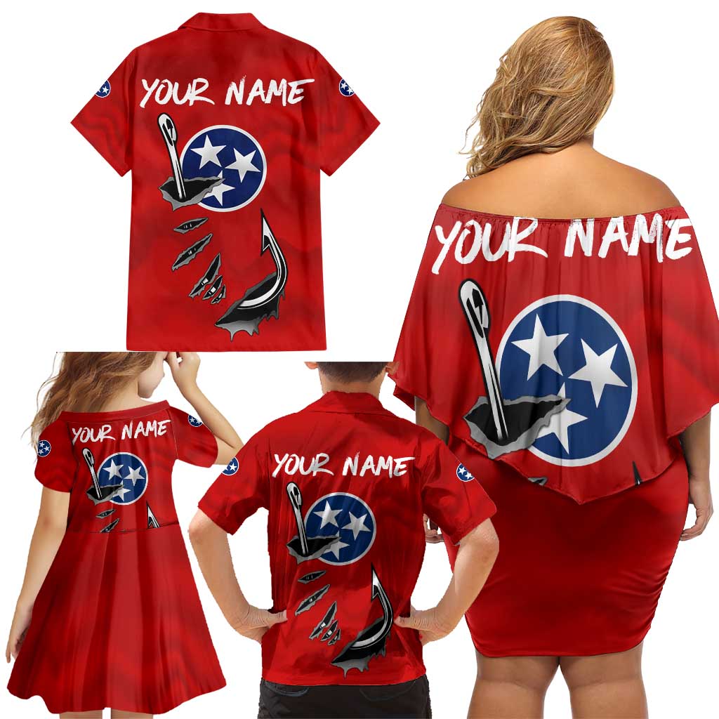 Tennessee Flag Fishing Family Matching Off Shoulder Short Dress and Hawaiian Shirt with Ripped Hook Graphic and Triple Star Symbol in Red and Blue - Wonder Print Shop