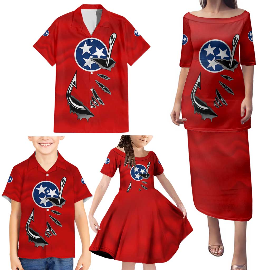 Tennessee Flag Fishing Family Matching Puletasi and Hawaiian Shirt with Ripped Hook Graphic and Triple Star Symbol in Red and Blue - Wonder Print Shop