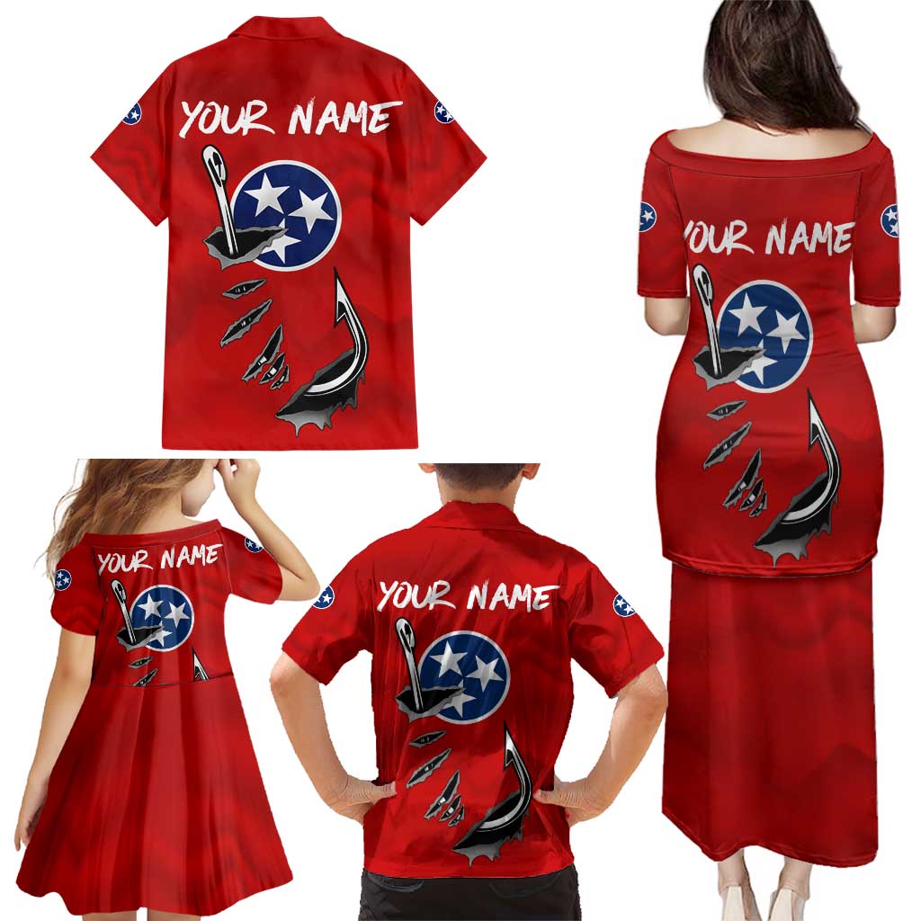 Tennessee Flag Fishing Family Matching Puletasi and Hawaiian Shirt with Ripped Hook Graphic and Triple Star Symbol in Red and Blue - Wonder Print Shop