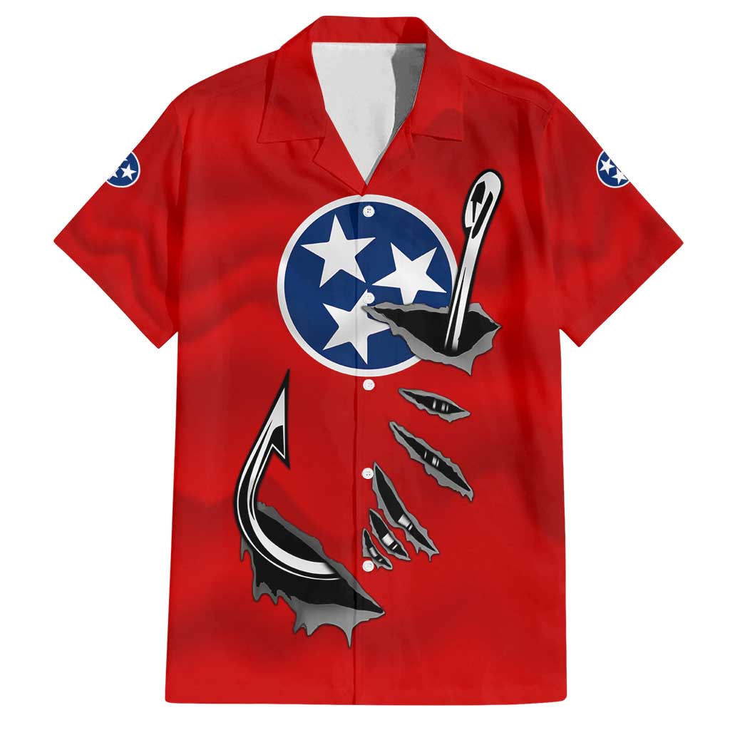 Tennessee Flag Fishing Family Matching Puletasi and Hawaiian Shirt with Ripped Hook Graphic and Triple Star Symbol in Red and Blue - Wonder Print Shop