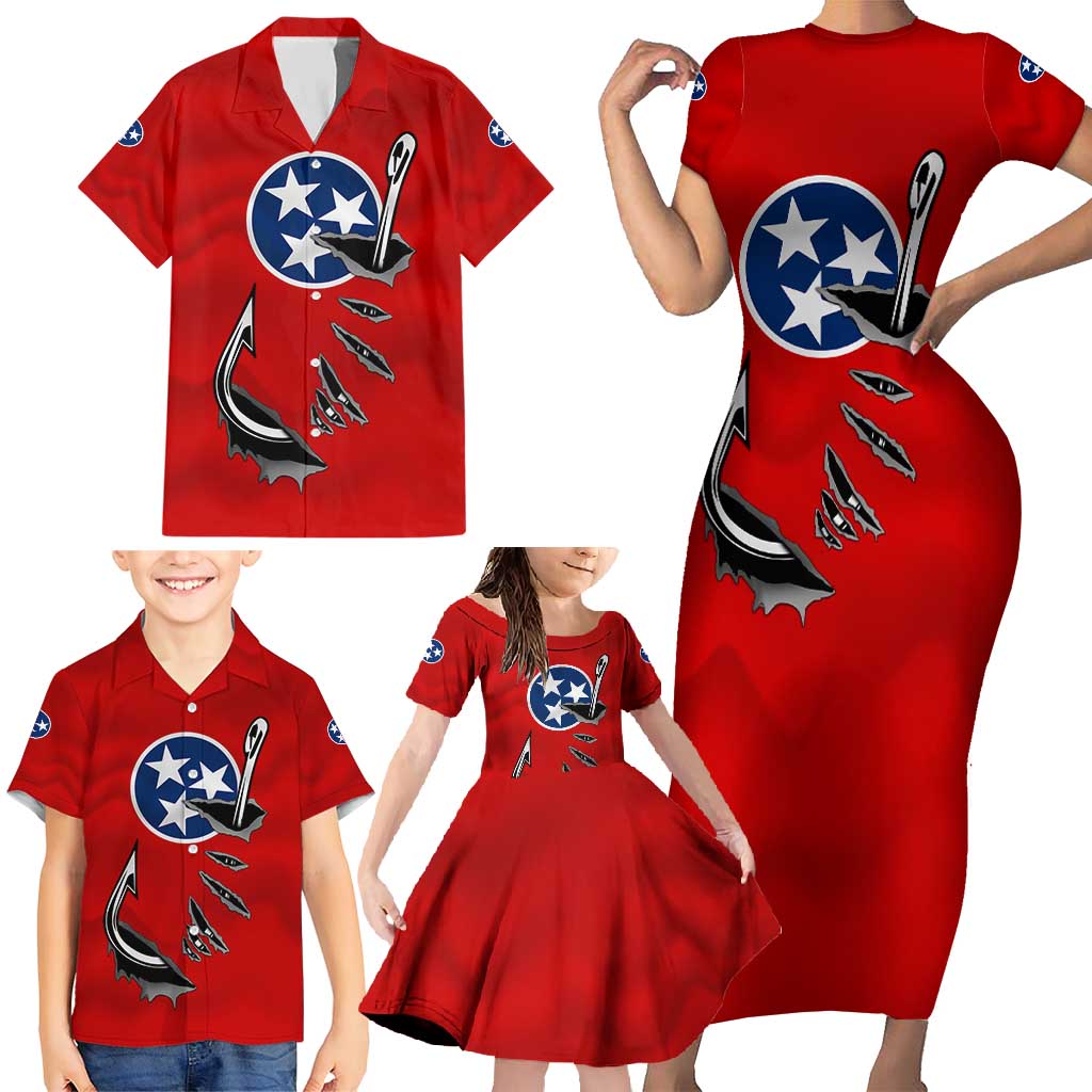 Tennessee Flag Fishing Family Matching Short Sleeve Bodycon Dress and Hawaiian Shirt with Ripped Hook Graphic and Triple Star Symbol in Red and Blue - Wonder Print Shop