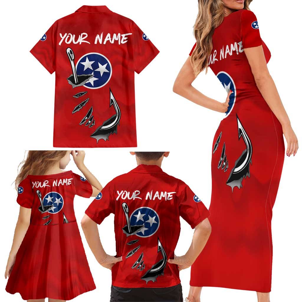 Tennessee Flag Fishing Family Matching Short Sleeve Bodycon Dress and Hawaiian Shirt with Ripped Hook Graphic and Triple Star Symbol in Red and Blue - Wonder Print Shop
