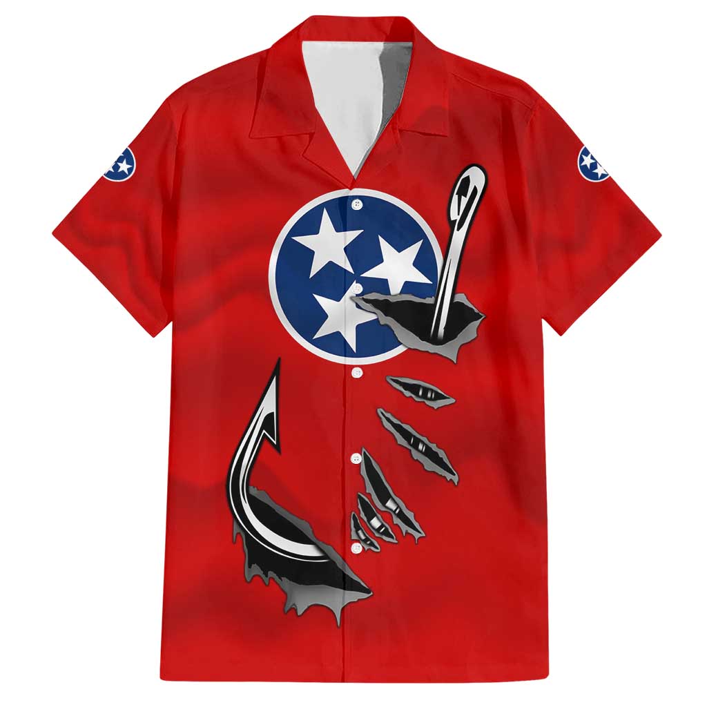 Tennessee Flag Fishing Family Matching Short Sleeve Bodycon Dress and Hawaiian Shirt with Ripped Hook Graphic and Triple Star Symbol in Red and Blue - Wonder Print Shop
