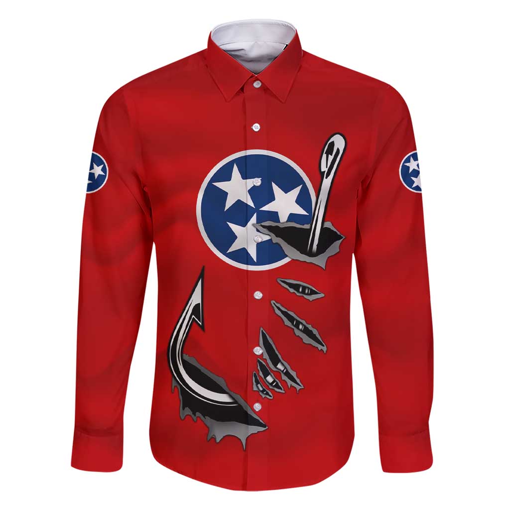 Tennessee Flag Fishing Family Matching Short Sleeve Bodycon Dress and Hawaiian Shirt with Ripped Hook Graphic and Triple Star Symbol in Red and Blue - Wonder Print Shop