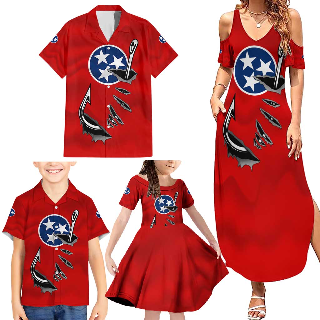 Tennessee Flag Fishing Family Matching Summer Maxi Dress and Hawaiian Shirt with Ripped Hook Graphic and Triple Star Symbol in Red and Blue - Wonder Print Shop